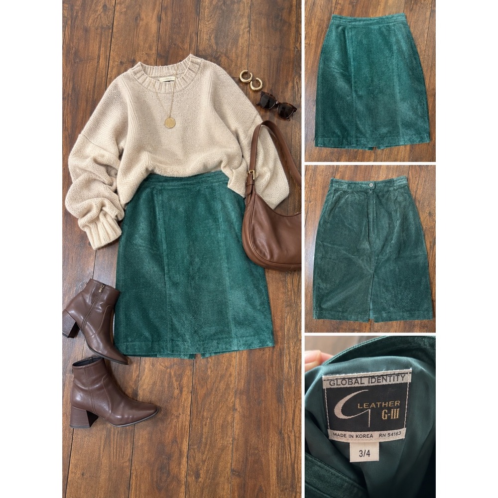 Global Identity G-III Suede Pencil Skirt 3/4 Green Excellent Vintage High Waist